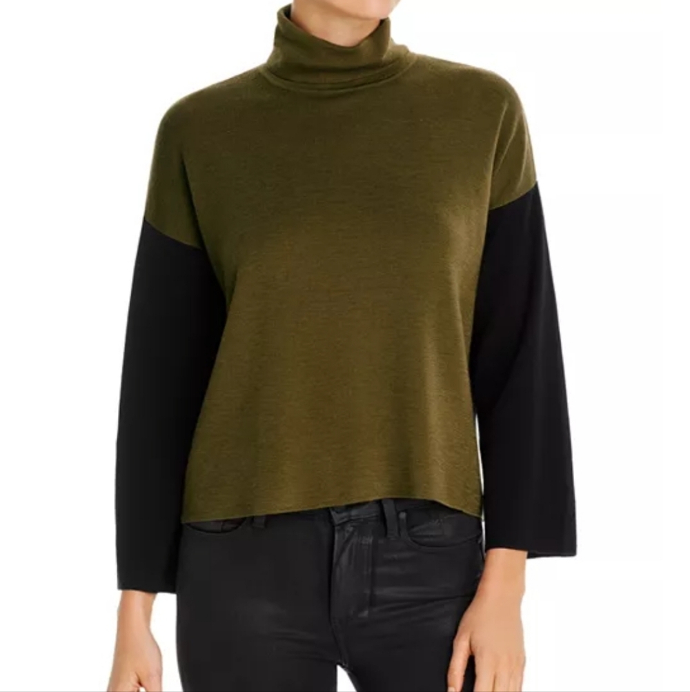 Eileen Fisher Boxy Color-block Merino Wool Turtleneck Sweater Large Black Green